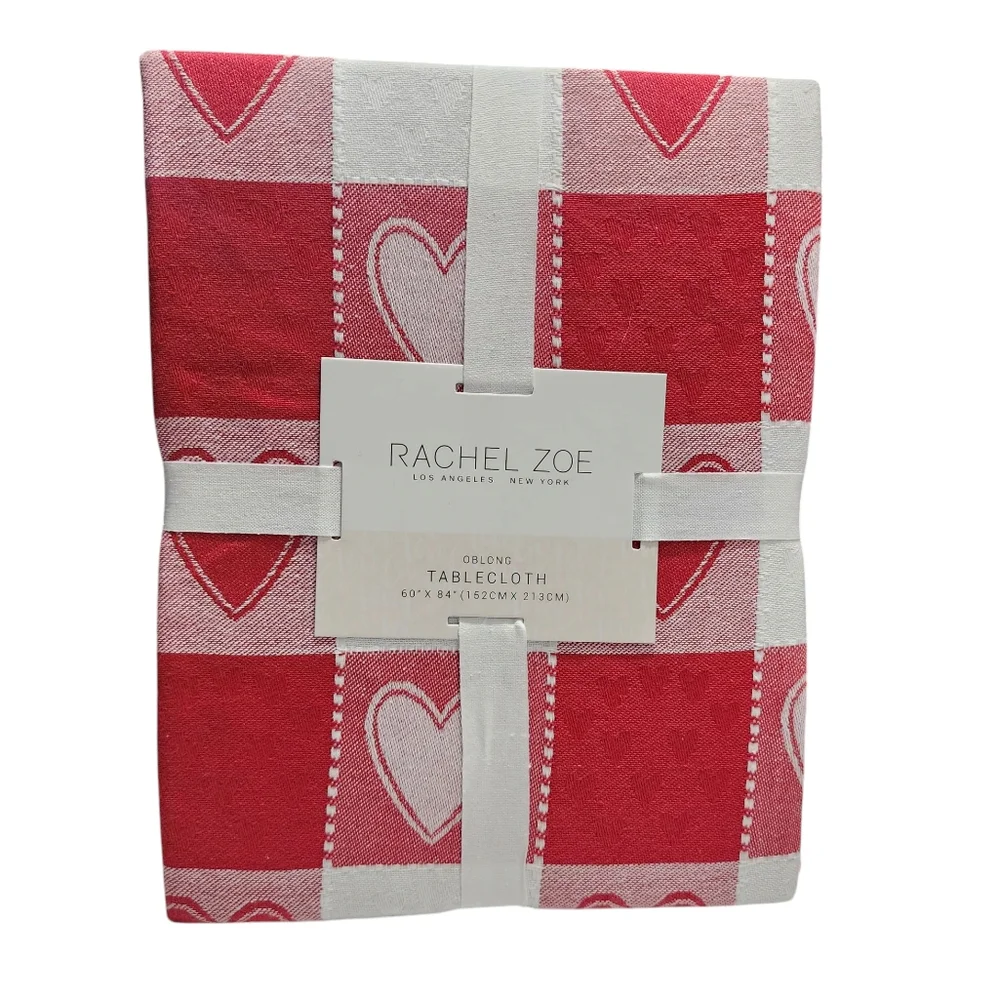 Rachel Zoe Red And White Hearts Woven Check‎ Cotton Tablecloth 60x84in Oblong